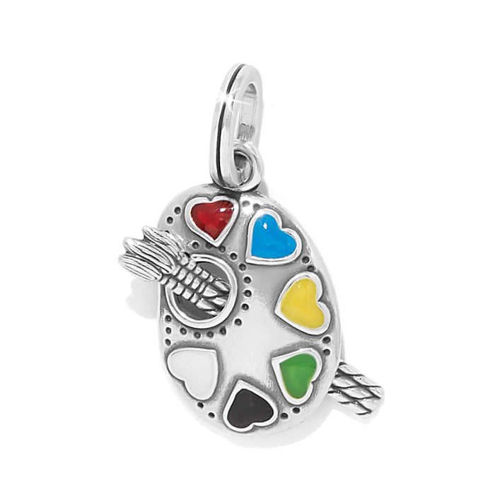 Brighton paint palette charm with silver finish and colorful enamel heart-shaped paint wells on a white background
