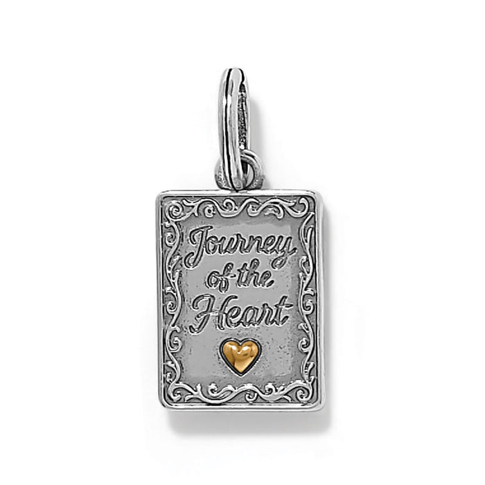 Brighton rectangular charm engraved with Journey of the Heart, scroll border, and gold-tone heart accent on a white background