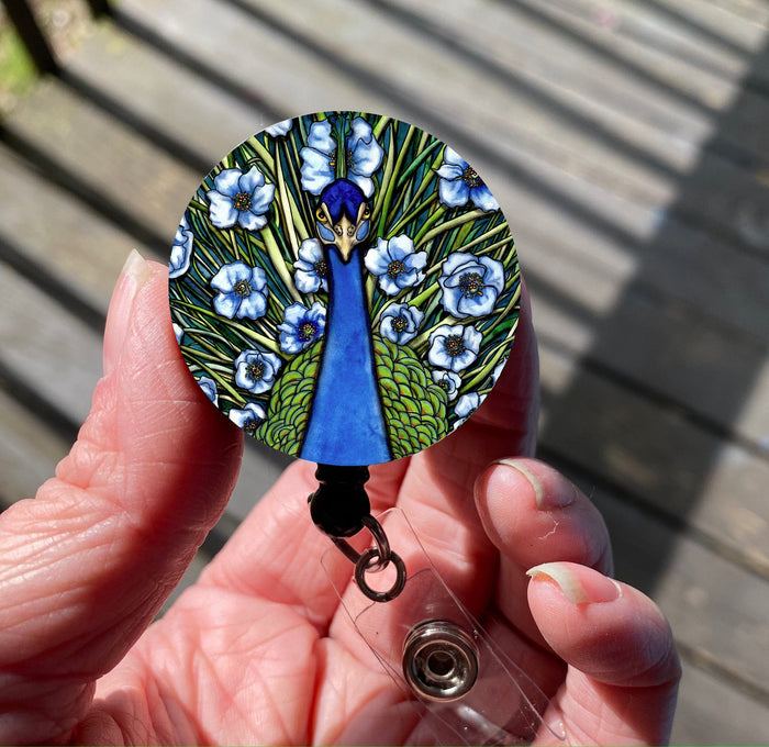 PinkPolish Design Badge Reels & Lanyards "Peacock Fleur Grande" Retractable Badge Reel
