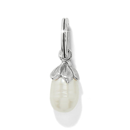 Brighton charm with rice pearl drop and silver-plated leaf cap on split ring on a white background