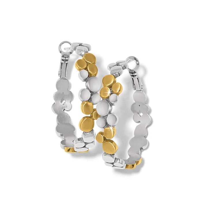 Brighton hoop earrings with two-tone silver and gold circular bubble design on a white background