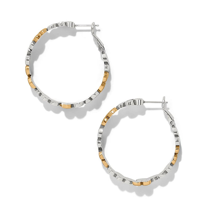 Brighton hoop earrings with two-tone silver and gold textured wavy design on a white background