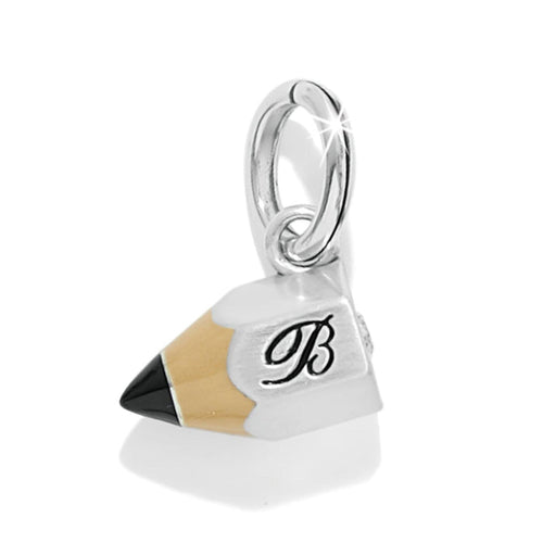 Brighton pencil charm with silver-plated finish, tan enamel barrel, black tip, and cursive B detail on a white background