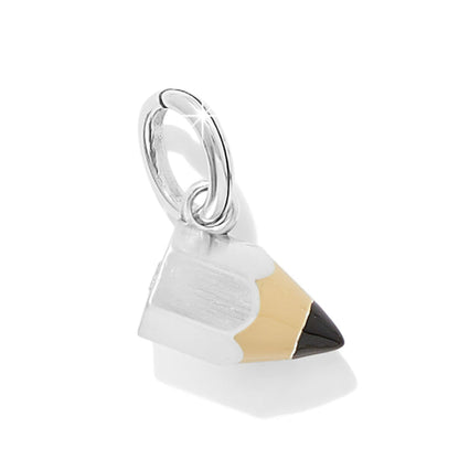 Brighton pencil charm with silver-plated finish, yellow and black enamel tip, and jump ring on a white background