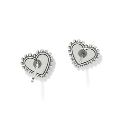 Brighton stud earrings shown from the back with silver-plated heart-shaped beaded frames and posts on a white background