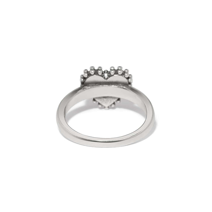 Brighton ring shown from the back with silver-plated band and beaded heart-shaped top on a white background