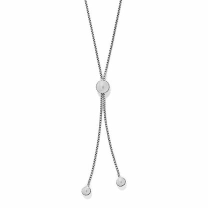 Brighton lariat necklace with silver-plated box chain and three round beaded drop accents on a white background