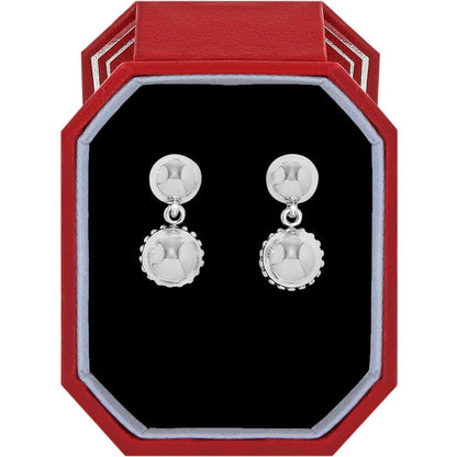 Brighton silver-plated drop earrings with polished round beads and beaded accents displayed in a red gift box