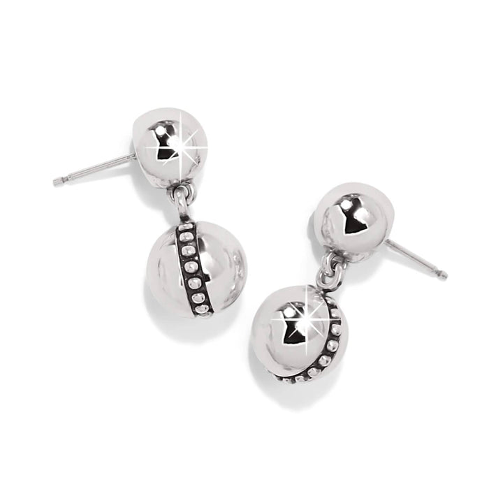 Brighton drop earrings with two polished silver-plated balls and beaded band accent on a white background