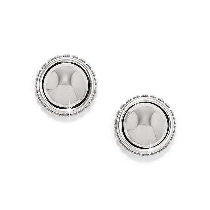 Brighton stud earrings with domed silver-plated centers and beaded textured borders on a white background