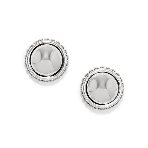 Brighton stud earrings with domed silver-plated centers and beaded textured borders on a white background