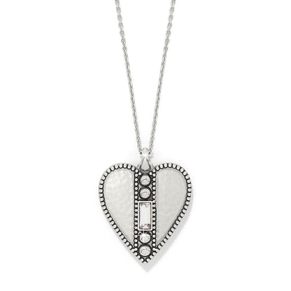 Brighton heart pendant necklace with hammered silver-plated finish, beaded edges, and crystal baguette accent on a white background