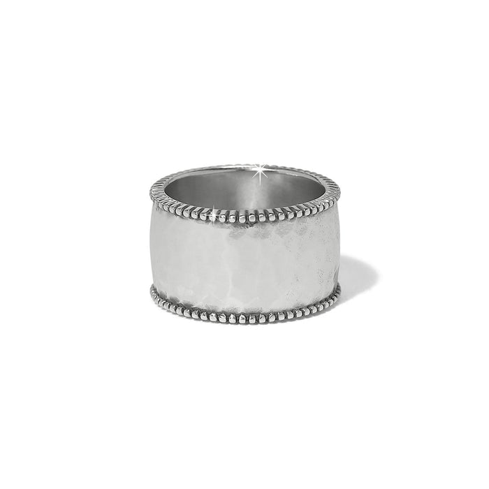 Brighton silver-plated ring with hammered wide band and beaded edge detailing on a white background
