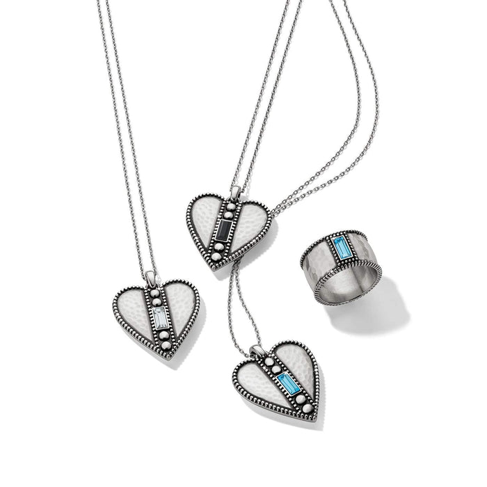 Brighton silver-plated heart pendant necklaces styled with a matching hammered ring featuring crystal baguette accents