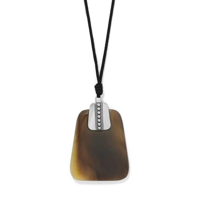 Brighton pendant necklace with buffalo horn pendant, silver-plated accent, and black cord on a white background