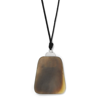 Brighton pendant necklace with buffalo horn pendant, silver-plated bail, and black cord on a white background