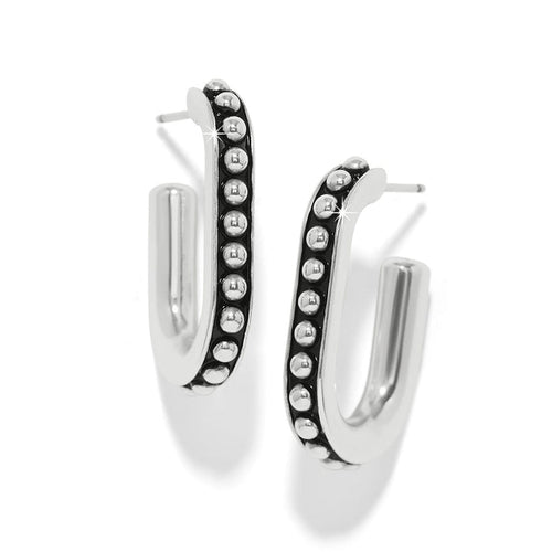 Brighton silver-plated oval hoop earrings with row of polished beaded accents along the front on a white background