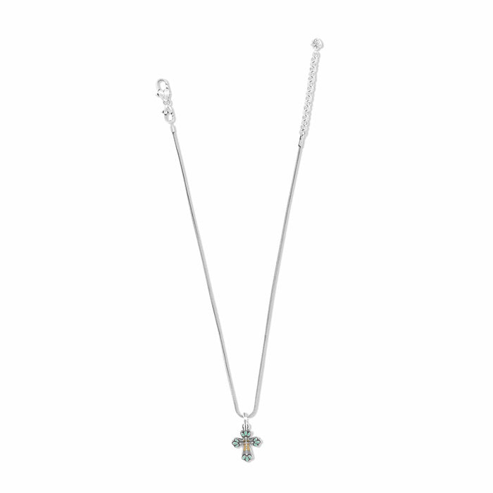 Brighton pendant necklace with silver-plated cross featuring turquoise enamel accents and lobster clasp on a white background