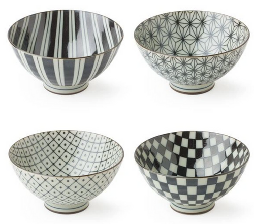 Retro Black & White Rice Bowl Set
