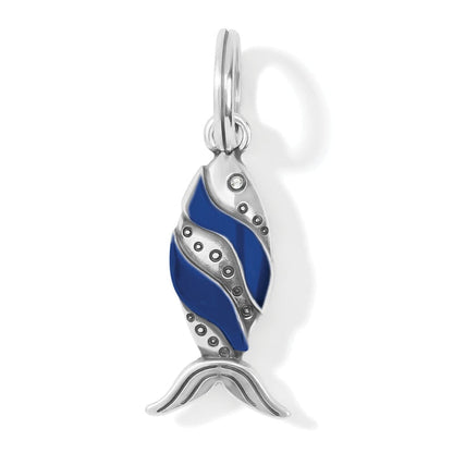 Brighton fish charm with silver-plated finish, blue enamel accents, and small crystal detail on a white background