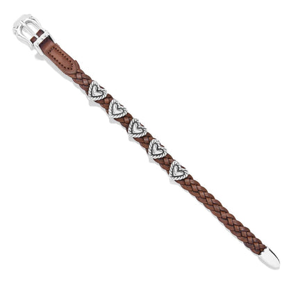 Brighton braided brown leather bracelet with five silver-plated heart stations and buckle closure on a white background