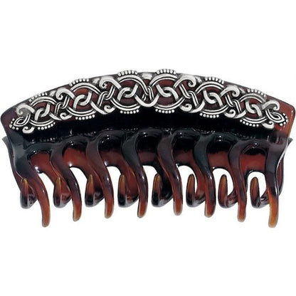 Brighton tortoise hair claw clip with ornate silver-tone scrollwork accents along the top on a white background