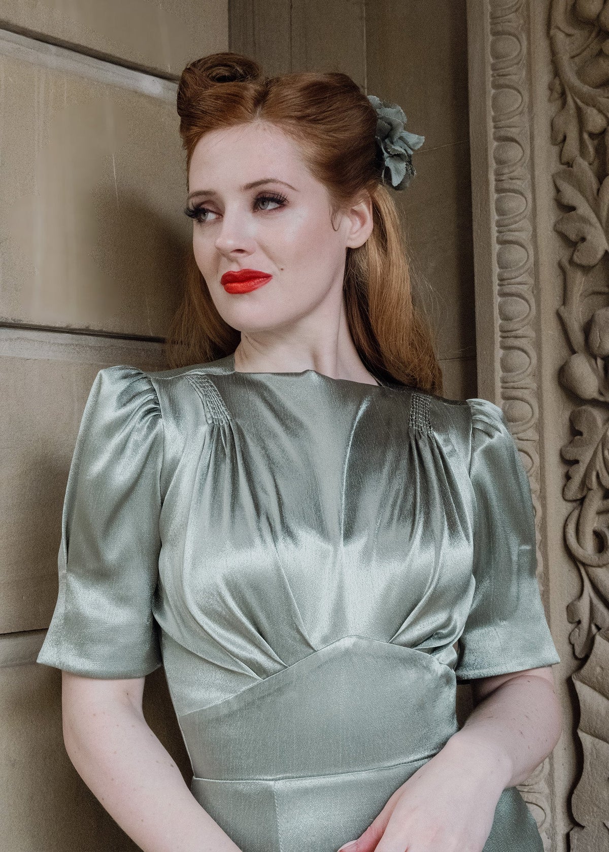 1940s 'Girl Friday' Midi Dress - Sage Satin
