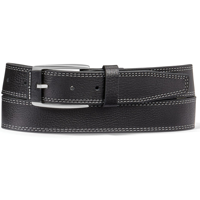 Brighton black leather belt with contrast white double stitching and silver-tone rectangular buckle on a white background