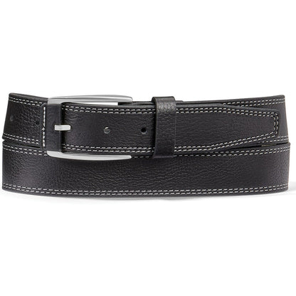 Brighton black leather belt with contrast white double stitching and silver-tone rectangular buckle on a white background