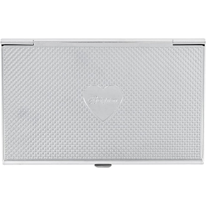 Brighton silver-tone business card case with textured woven pattern and engraved heart emblem on a white background