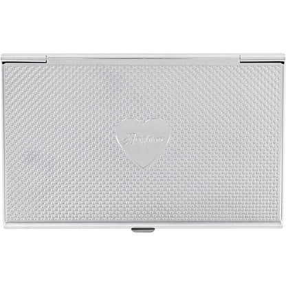 Brighton silver-tone business card case with textured woven pattern and engraved heart emblem on a white background