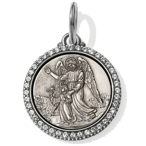 Brighton silver-plated round charm with embossed guardian angel design and crystal-set border on a white background