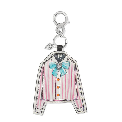 Brighton leather bag charm shaped like a pink striped jacket with blue bow and crystal accent on a white background