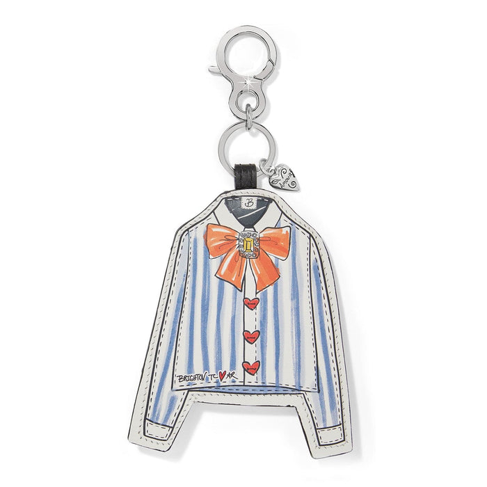 Brighton leather bag charm shaped like a striped jacket with orange bow and heart buttons on white background