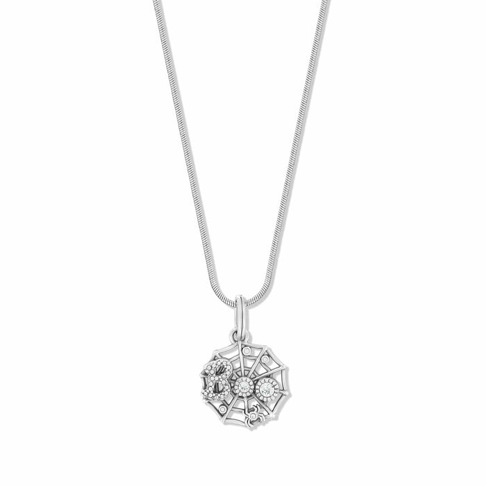 Brighton pendant necklace with silver-plated spider web charm, crystal accents, and snake chain on a white background