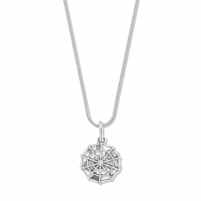 Brighton pendant necklace with silver-plated spider web charm and snake chain on a white background