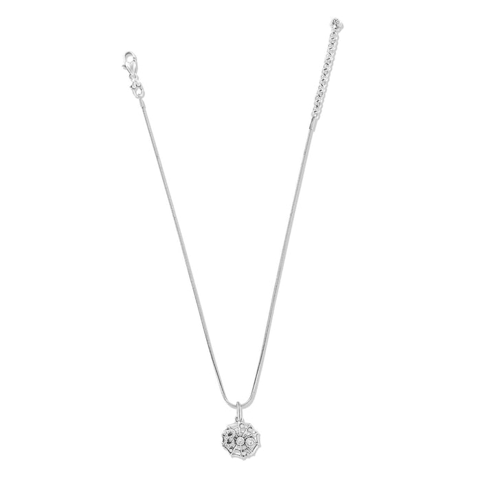 Brighton silver-plated pendant necklace with crystal-accented spider and web charm and lobster clasp on a white background