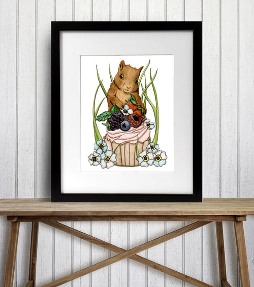 PinkPolish Design Art Prints "Squirrel Celebration" Watercolor Painting: Art Print