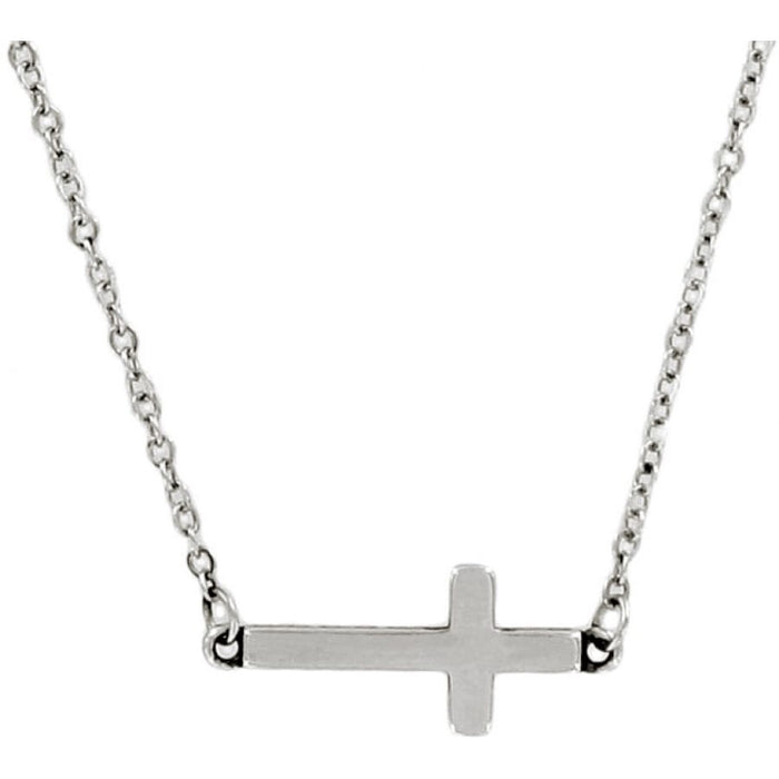 Brighton sideways cross pendant necklace with silver-plated finish on a delicate cable chain on a white background