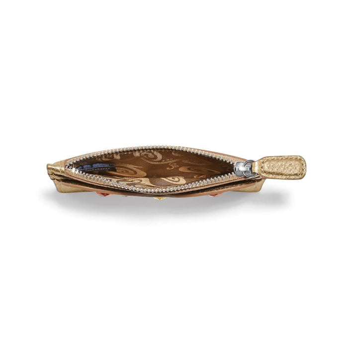Brighton gold-tone zip pouch shown open from the side revealing patterned brown interior lining on a white background