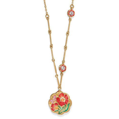 Brighton gold-plated pendant necklace with red enamel floral design, butterfly accent, and crystal stations on a white background