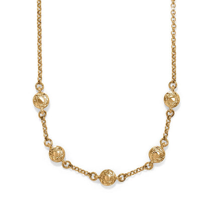 Brighton necklace with five gold-plated textured station beads on a delicate gold-plated chain on a white background