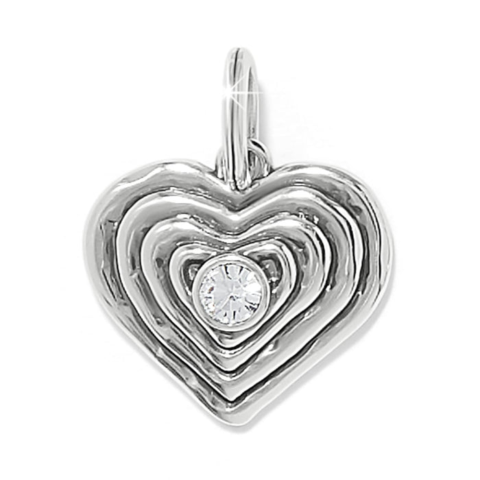 Brighton heart charm with silver-plated ridged layered design and central crystal accent on a white background