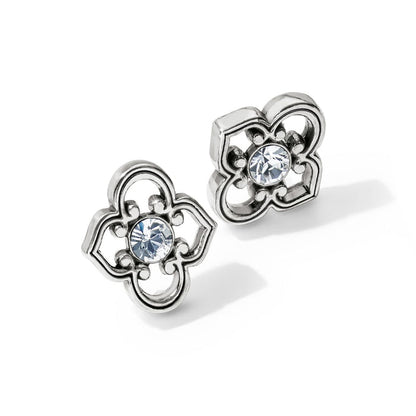 Brighton stud earrings with silver-plated quatrefoil openwork design and central crystal accents on a white background