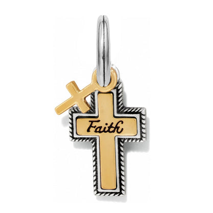 Brighton cross charm in two-tone finish engraved with Faith and a small accent cross on a white background