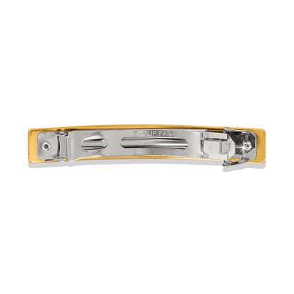 Brighton hair barrette shown from the back with two-tone gold and silver clasp mechanism on a white background