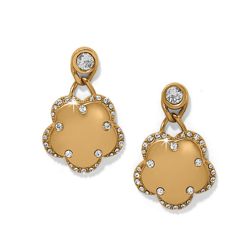 Brighton drop earrings with gold-plated scalloped flower charms and crystal accents on a white background
