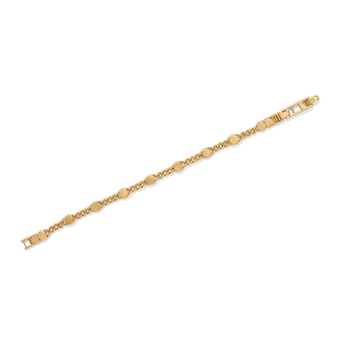 Brighton gold-plated bracelet with curb chain links and oval medallion stations with crystal accent on a white background