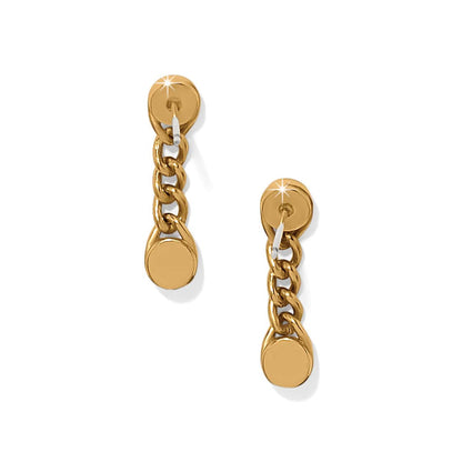 Brighton drop earrings with gold-plated disc studs and curb chain links ending in small discs on a white background
