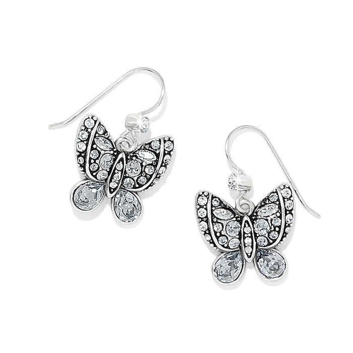Brighton drop earrings with silver-plated butterfly design featuring crystal-encrusted wings and teardrop accents on a white background